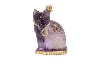 Carved Amethyst Cat Diamond Gold Pendant