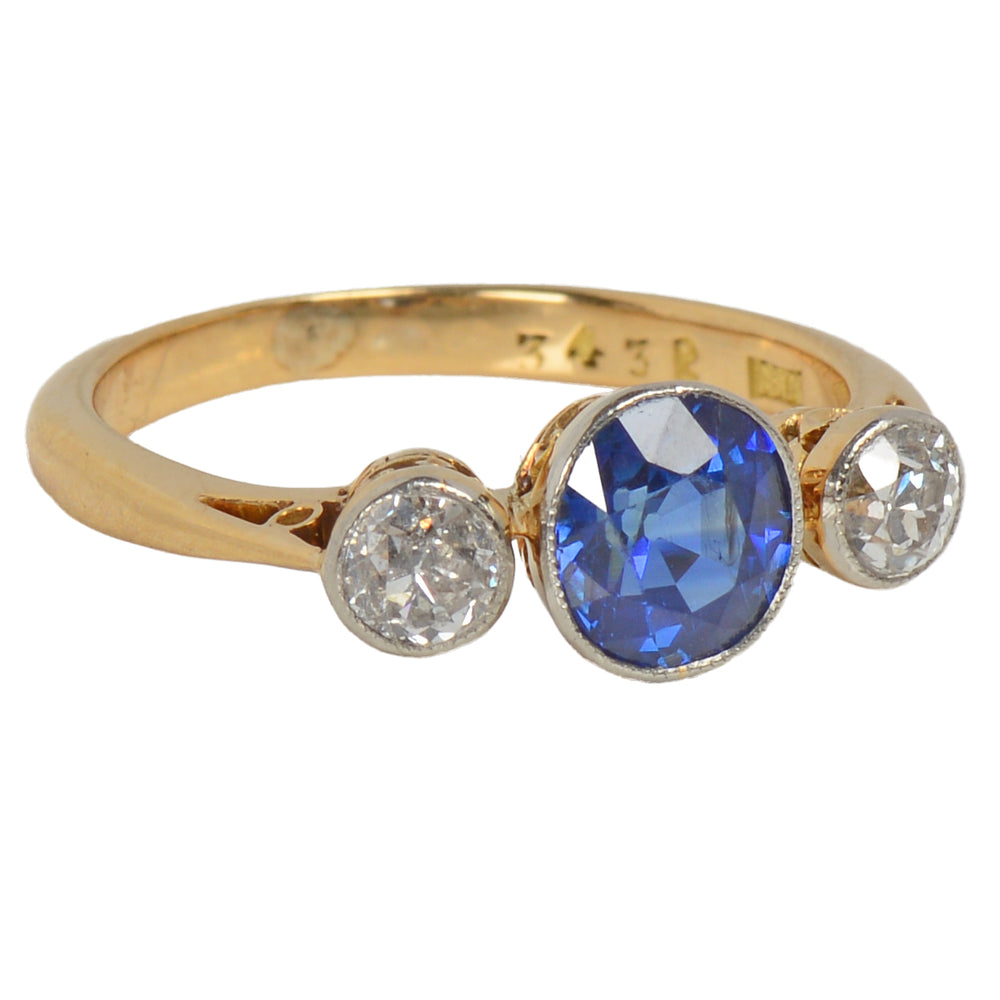 Art Deco Bezel Set Fine Sapphire & Diamond Ring