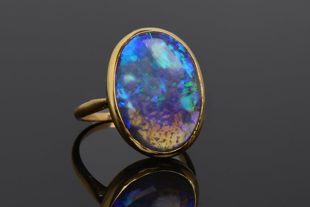 Antique Chromatic Black Opal Gold Ring
