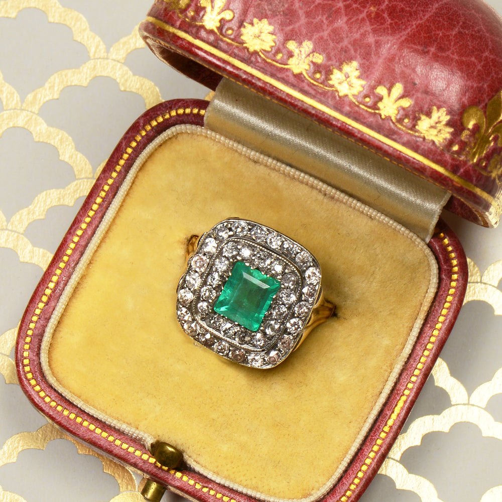 
                      
                        Colombian Emerald & Diamond Double Halo Ring
                      
                    