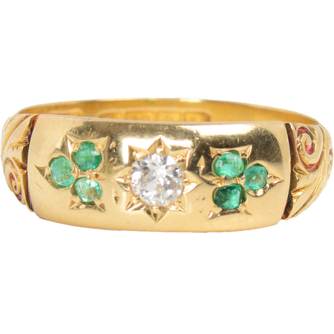 Antique Botanical Motif Emerald Diamond Ring of 1901