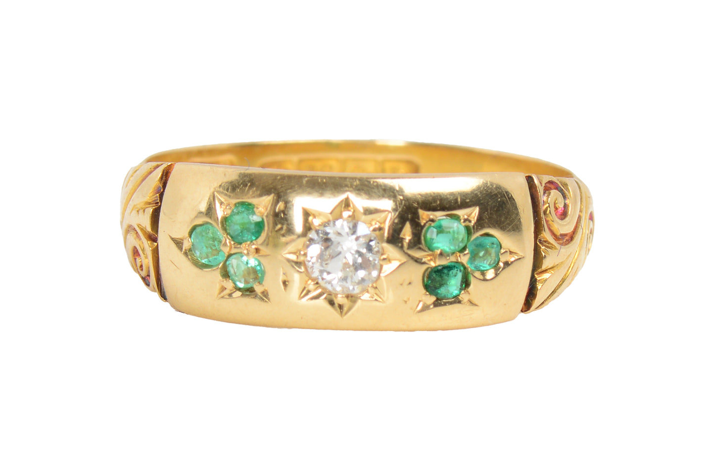 Antique Botanical Motif Emerald Diamond Ring of 1901