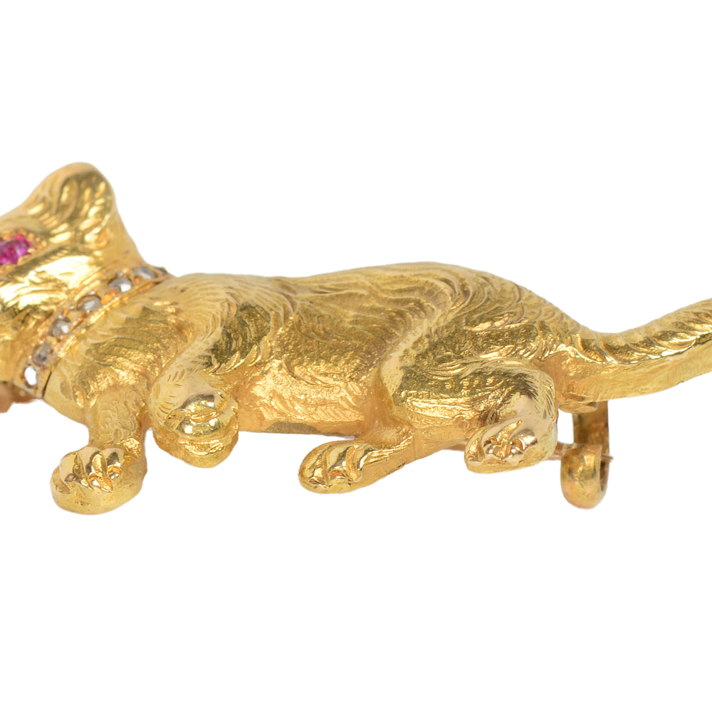 Furrever Yours - Antique Gold Ruby Diamond Cat Brooch