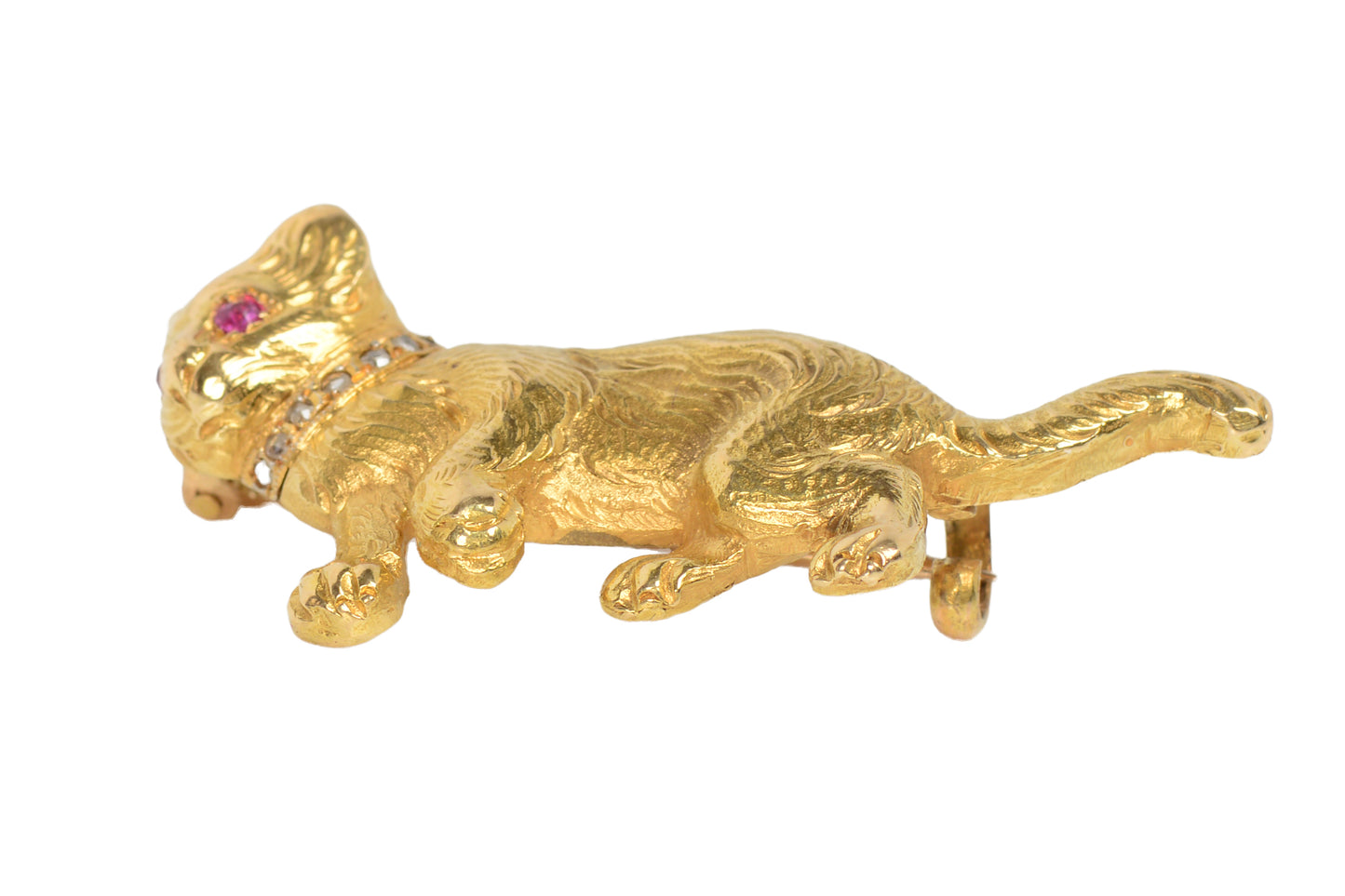 Furrever Yours - Antique Gold Ruby Diamond Cat Brooch