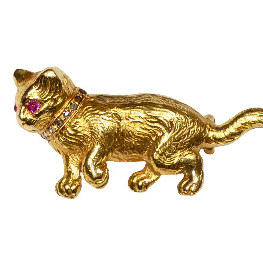 Furrever Yours - Antique Gold Ruby Diamond Cat Brooch