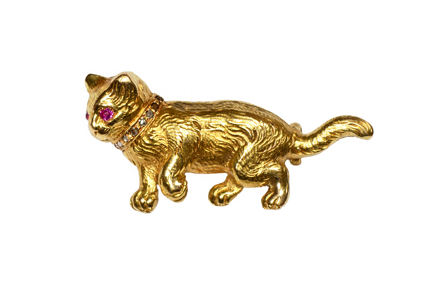 Furrever Yours - Antique Gold Ruby Diamond Cat Brooch