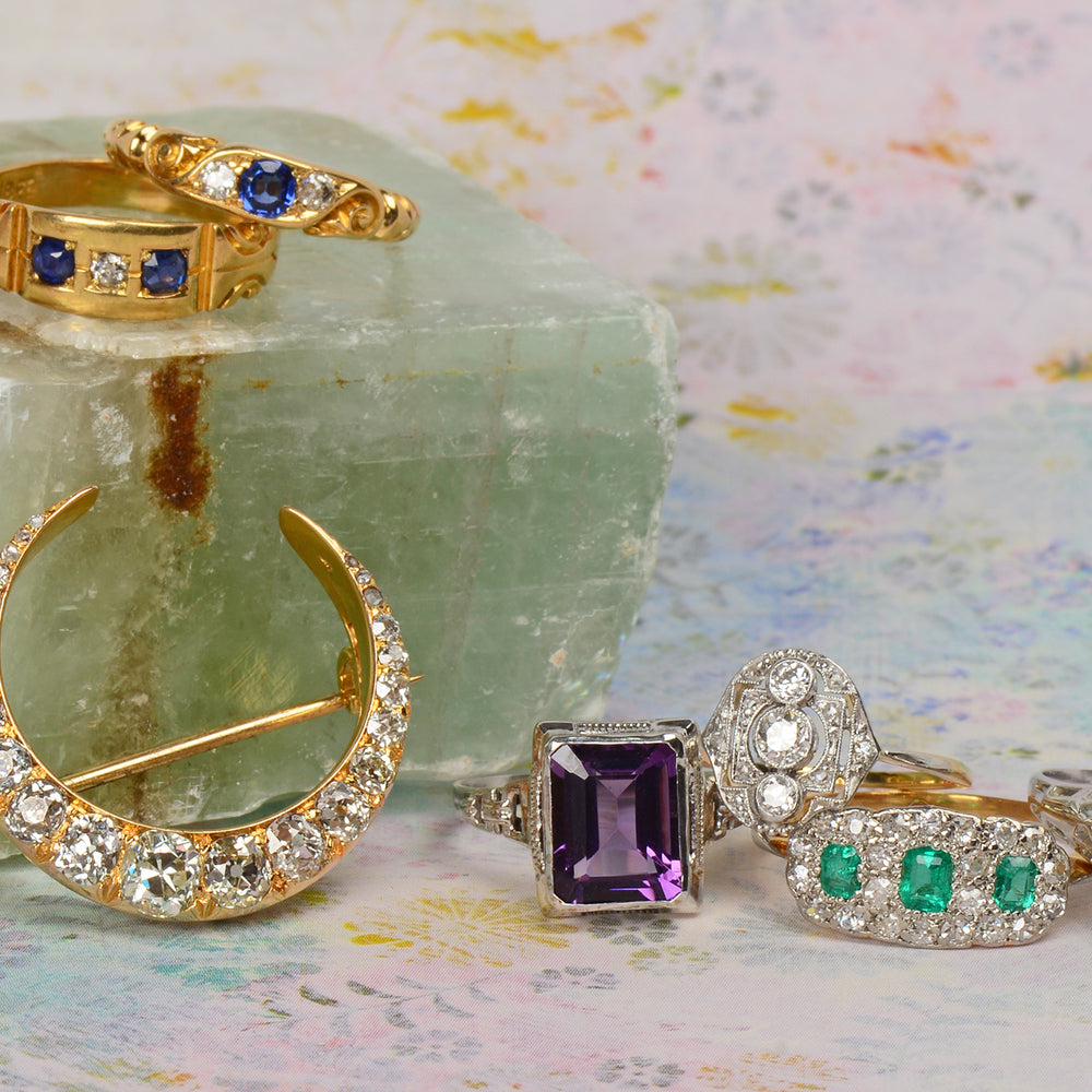 
                      
                        Antique Vintage Triple Cluster Emerald Diamond Ring
                      
                    