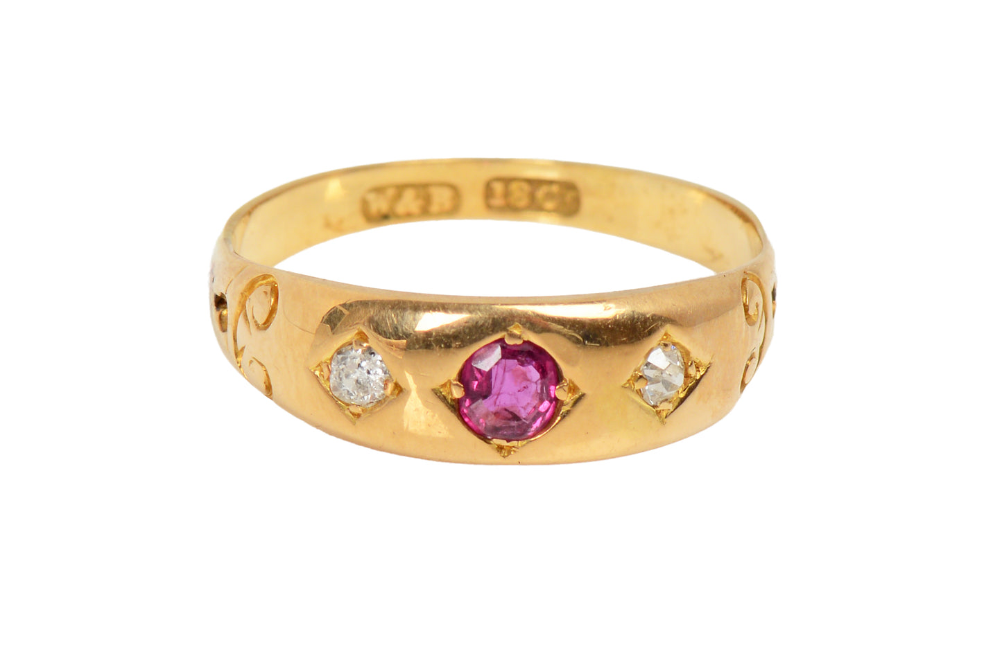 Antique Ruby Diamond Gypsy Set 18k Gold Ring
