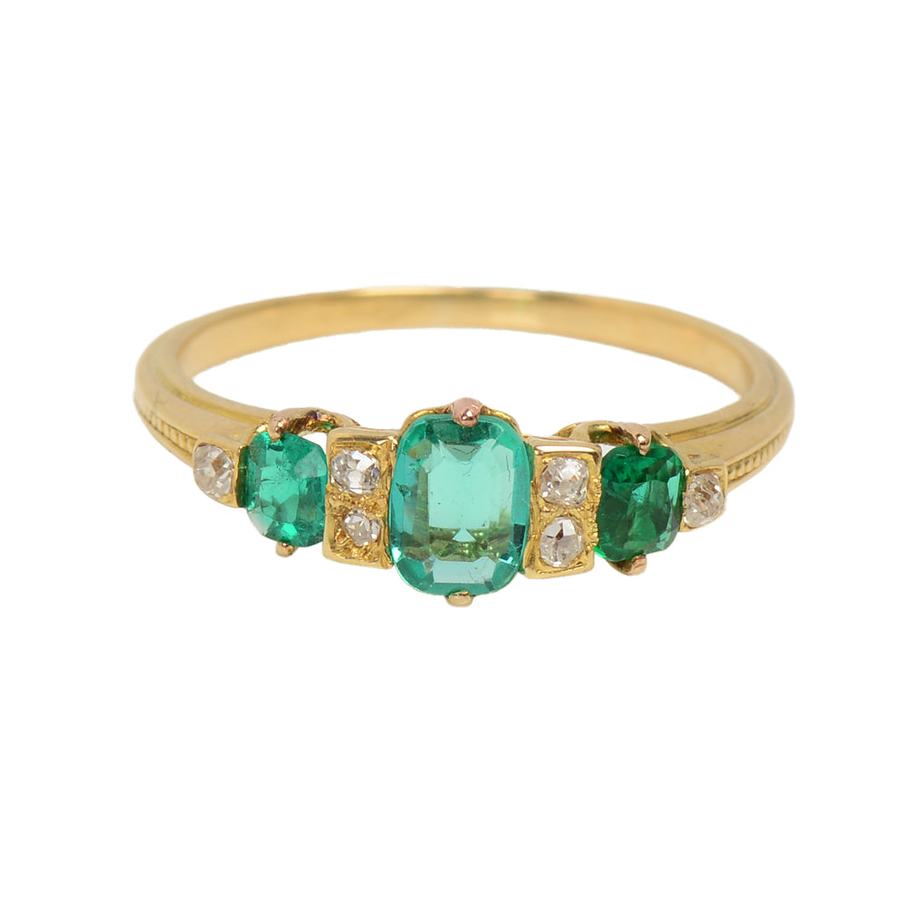 Edwardian Antique Three Emerald Diamond Ring
