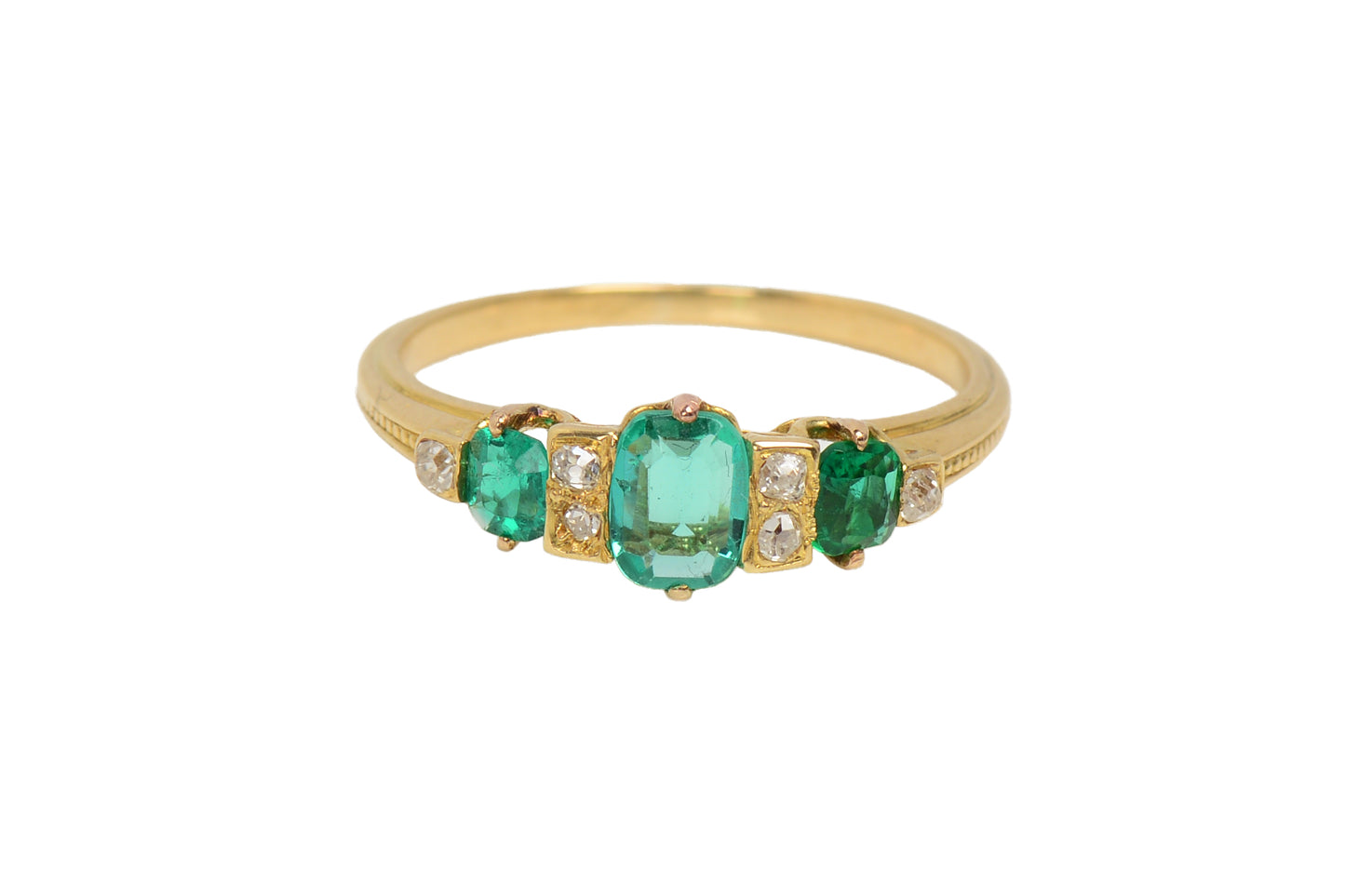 Edwardian Antique Three Emerald Diamond Ring