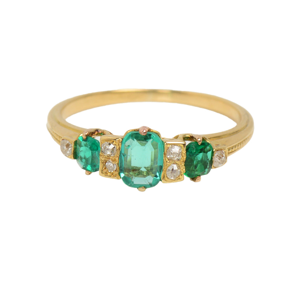 Edwardian Antique Three Emerald Diamond Ring