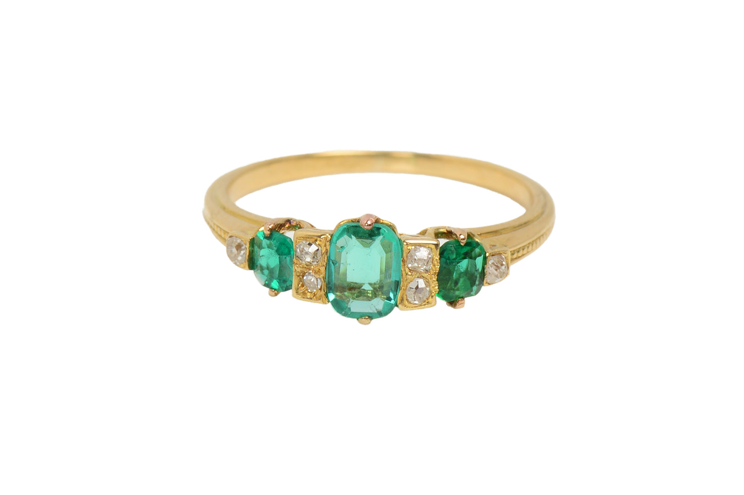 Edwardian Antique Three Emerald Diamond Ring