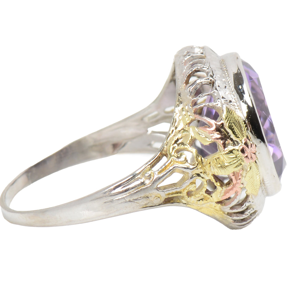 
                      
                        Antique Three Color Gold Amethyst Filigree Ring
                      
                    