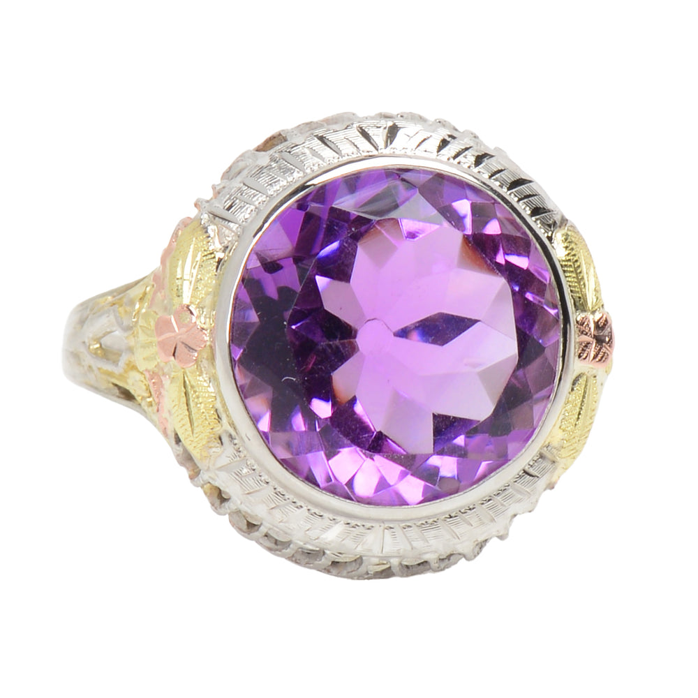 Antique Three Color Gold Amethyst Filigree Ring