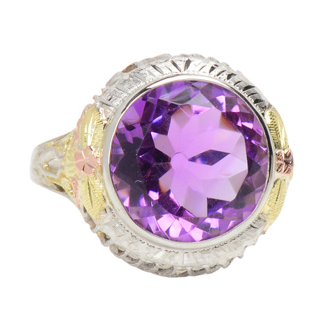 Antique Three Color Gold Amethyst Filigree Ring
