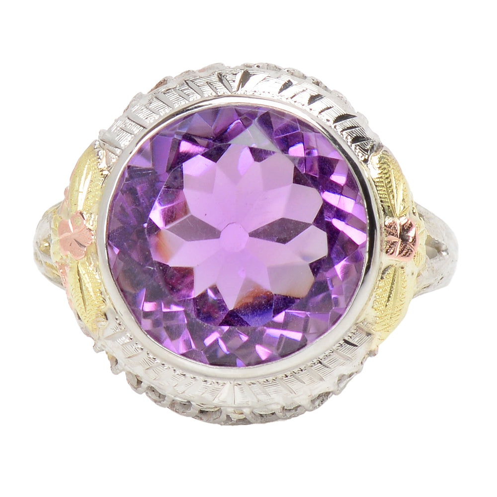 Antique Three Color Gold Amethyst Filigree Ring