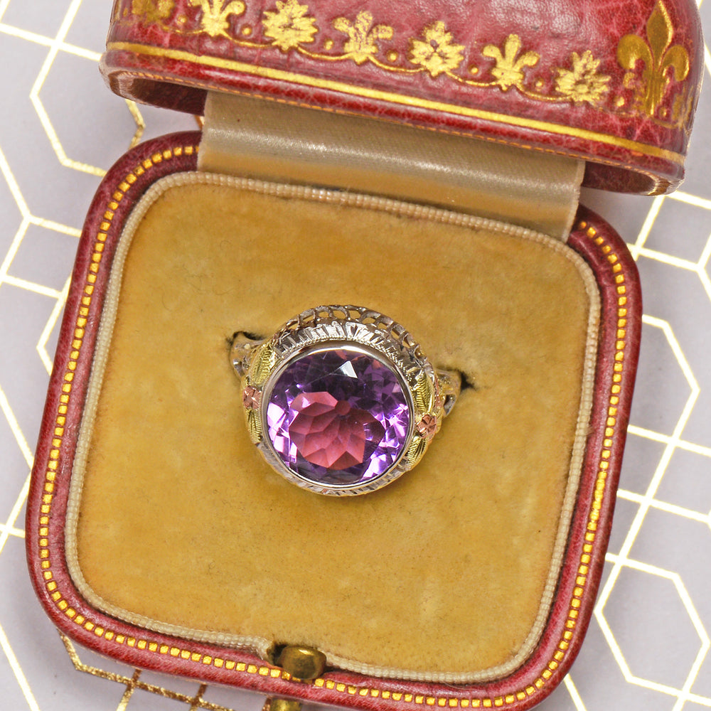 
                      
                        Antique Three Color Gold Amethyst Filigree Ring
                      
                    