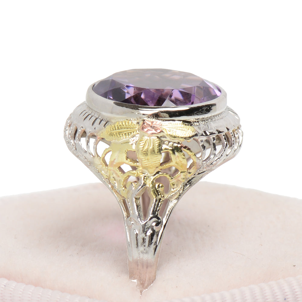 
                      
                        Antique Three Color Gold Amethyst Filigree Ring
                      
                    