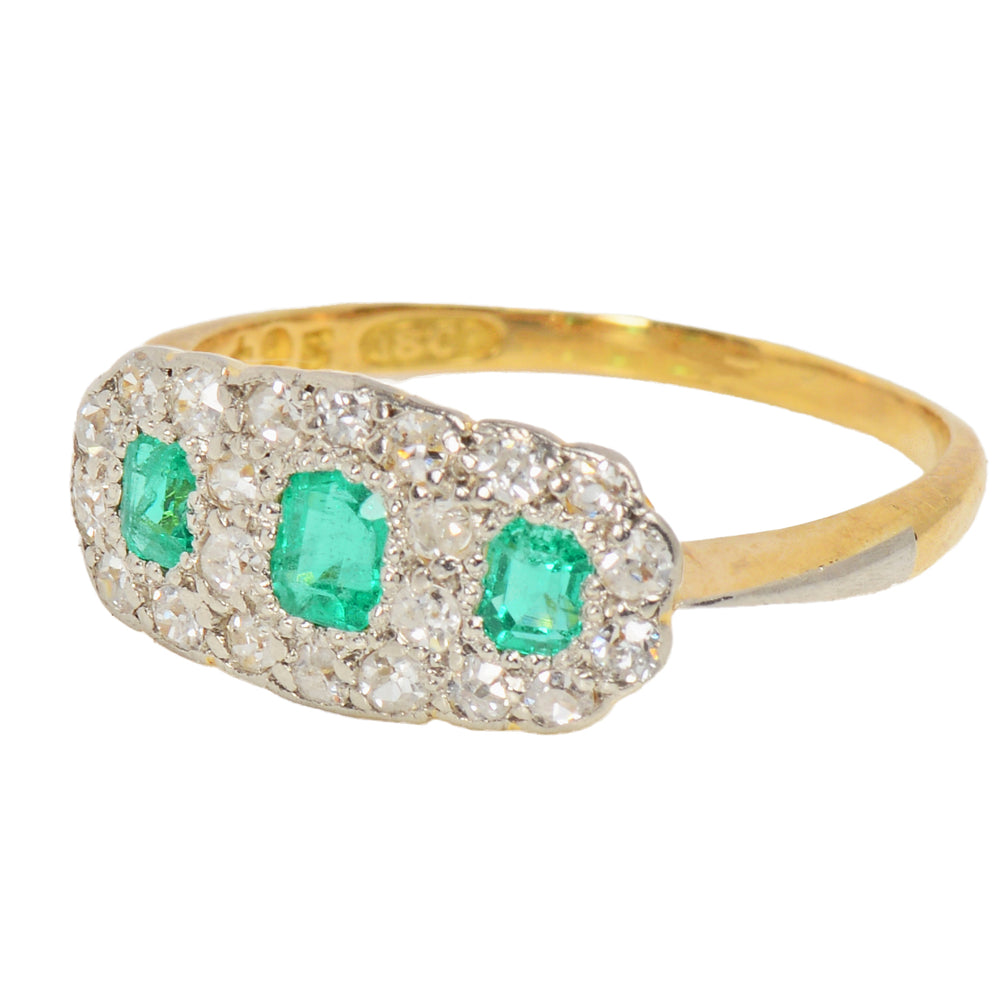 Antique Vintage Triple Cluster Emerald Diamond Ring