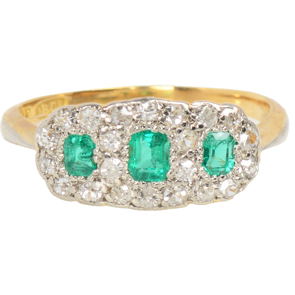 Antique Vintage Triple Cluster Emerald Diamond Ring