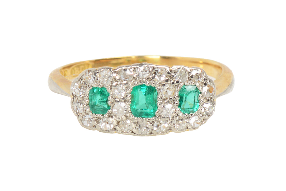 Antique Vintage Triple Cluster Emerald Diamond Ring