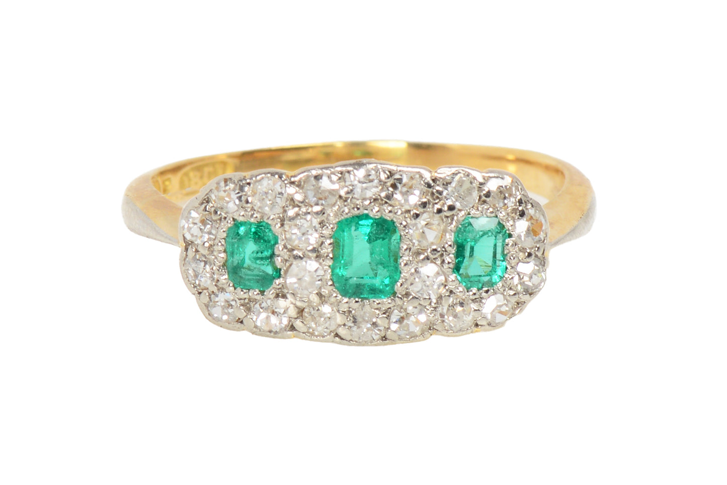 Antique Vintage Triple Cluster Emerald Diamond Ring