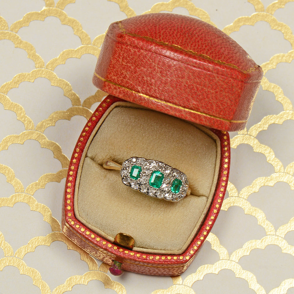 
                      
                        Antique Vintage Triple Cluster Emerald Diamond Ring
                      
                    