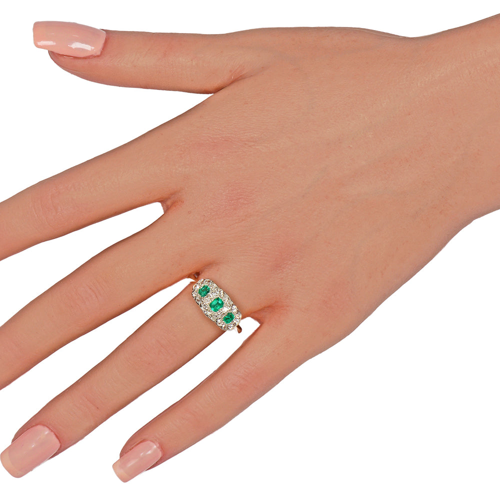 
                      
                        Antique Vintage Triple Cluster Emerald Diamond Ring
                      
                    