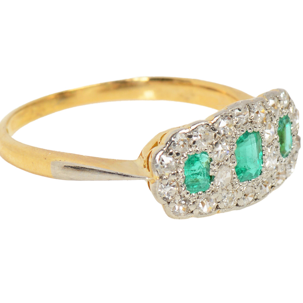
                      
                        Antique Vintage Triple Cluster Emerald Diamond Ring
                      
                    