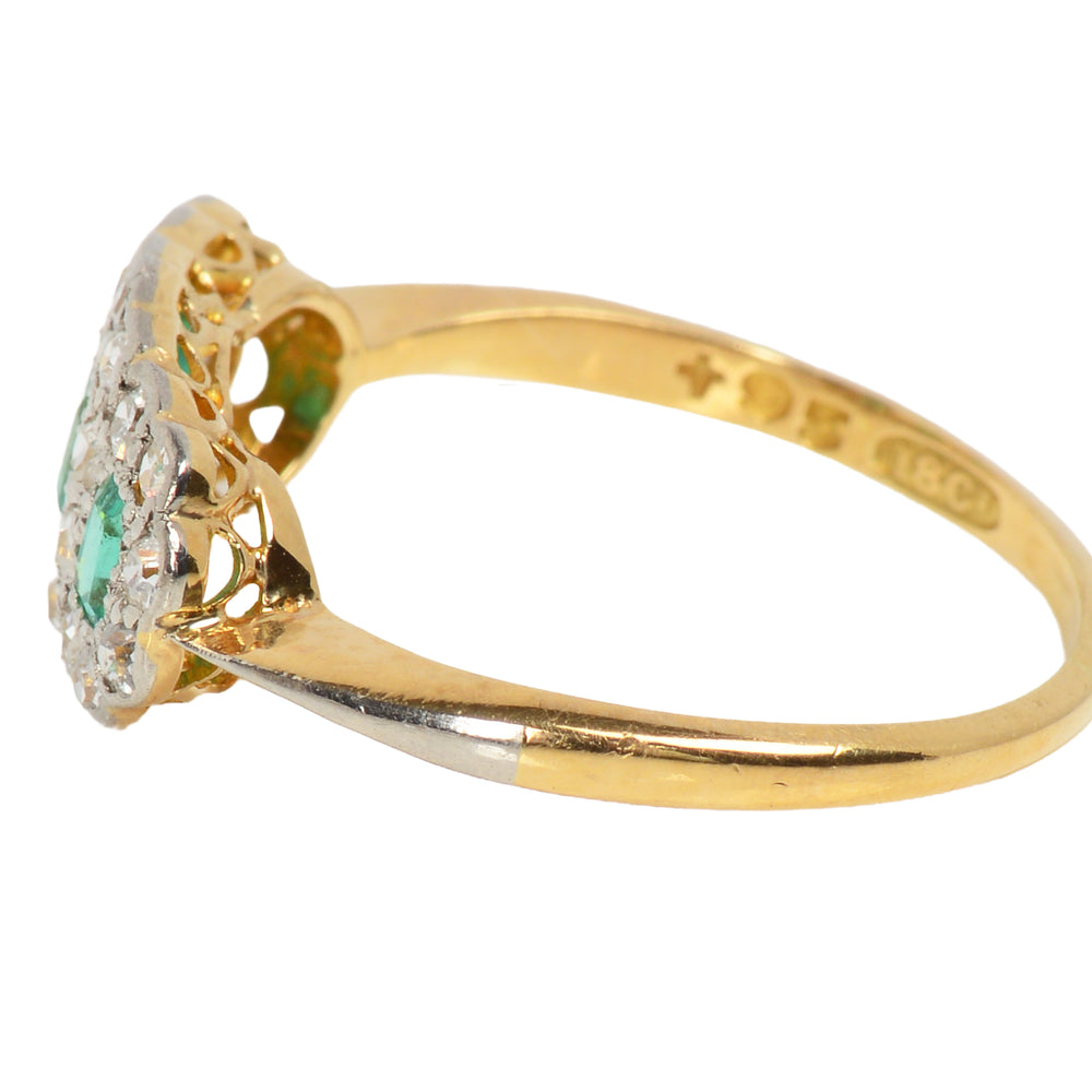 
                      
                        Antique Vintage Triple Cluster Emerald Diamond Ring
                      
                    