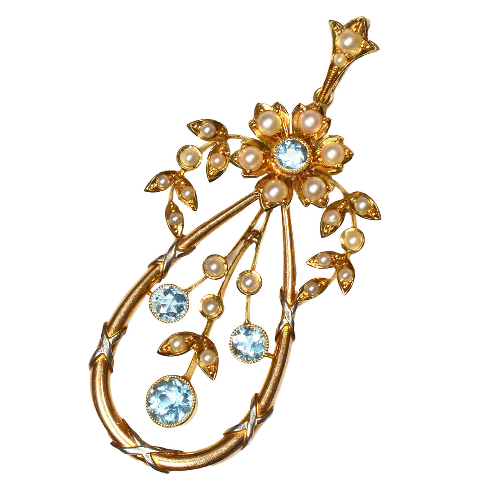 Edwardian Aquamarine Natural Pearl Articulated Pendant