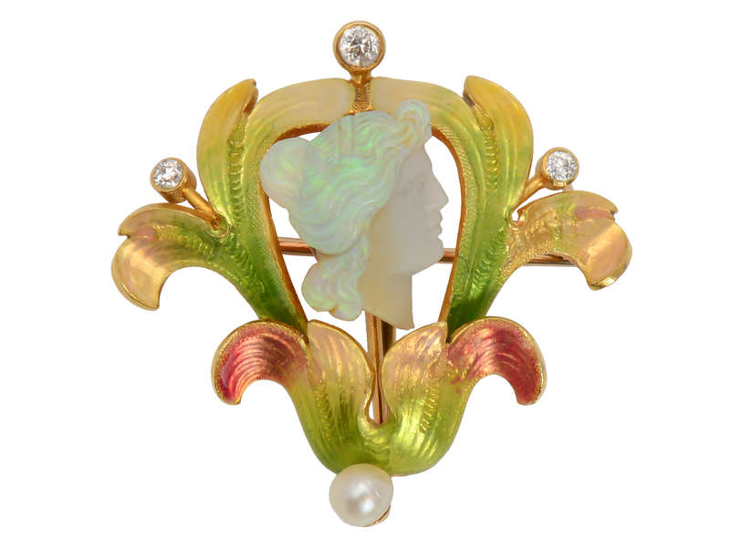 Antique Carved Opal & Enamel Brooch Pendant