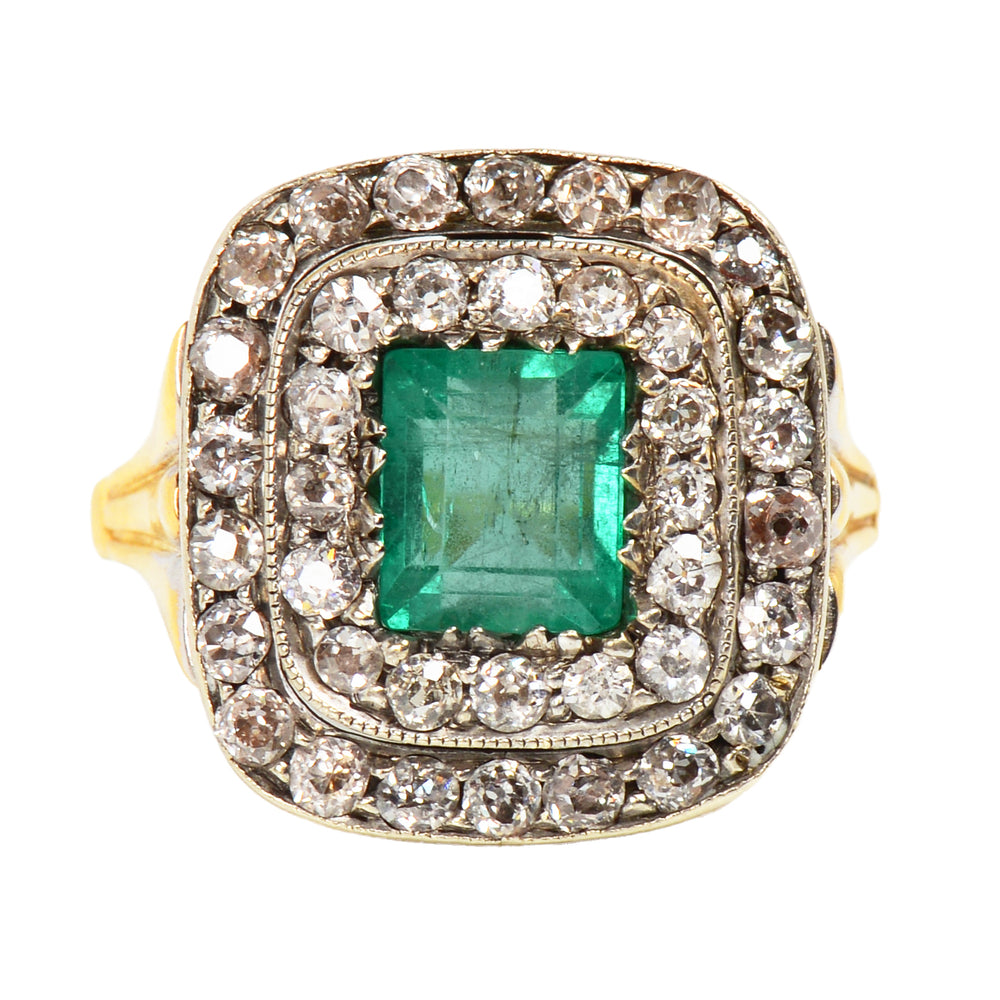 
                      
                        Colombian Emerald & Diamond Double Halo Ring
                      
                    