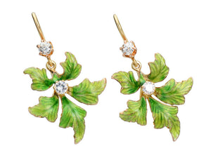 Antique Enamel Diamond Green Leaf Earrings