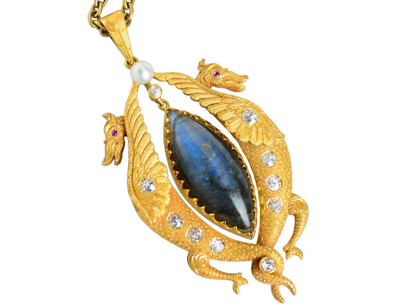Antique Labradorite Dragon Pendant & Chain