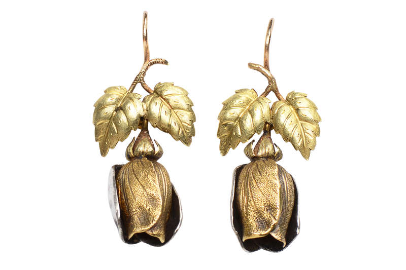 Art Imitates Life - Three Color Rose Bud & Leaf Earrings