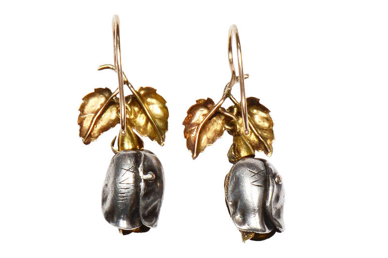 Art Imitates Life - Three Color Rose Bud & Leaf Earrings