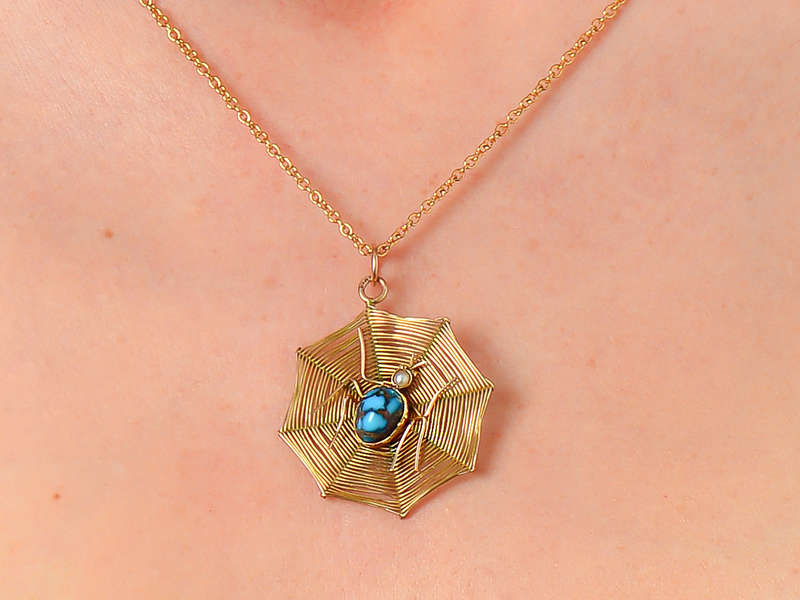 Web of Gold - Turquoise Pearl Spider Pendant