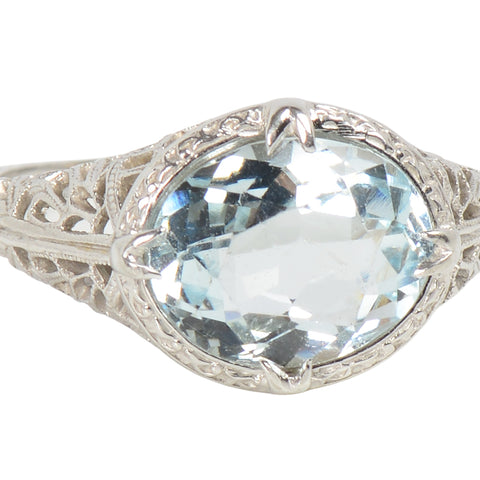 Vintage Aquamarine Filigree White Gold Ring