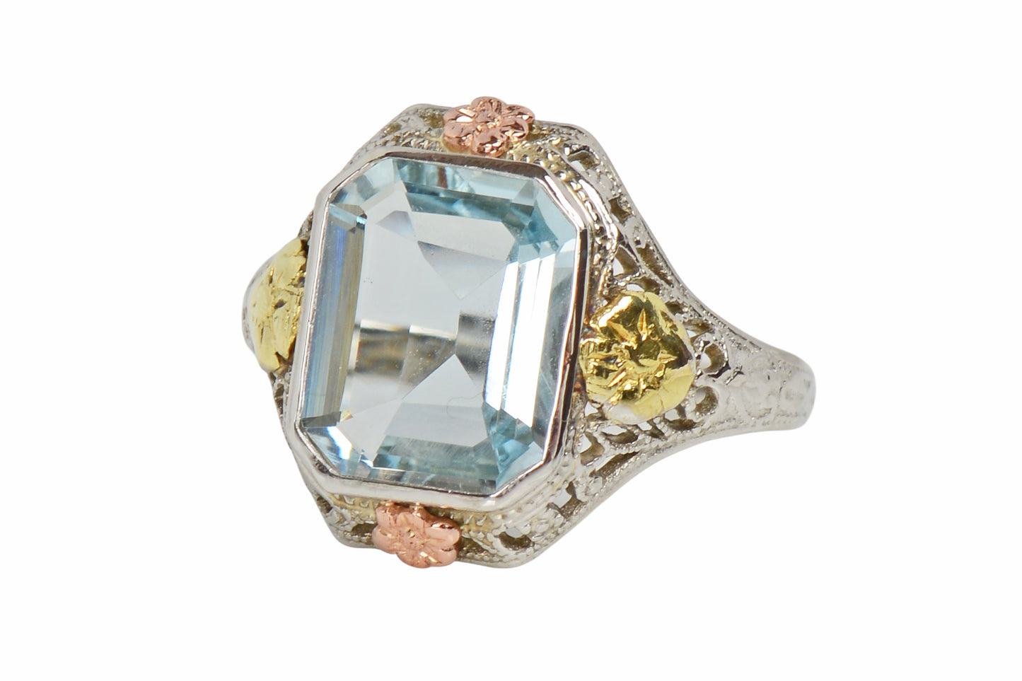 Aquamarine Floral Three Color Gold Ring