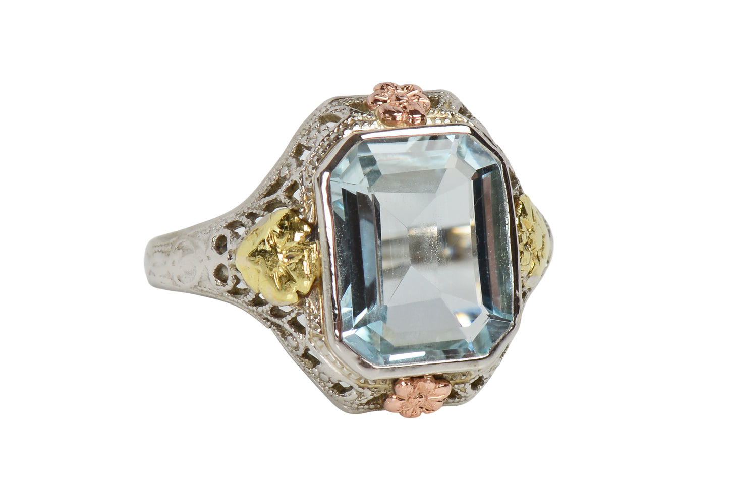 Aquamarine Floral Three Color Gold Ring