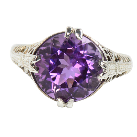 Vintage Round Amethyst 18k White Gold Ring