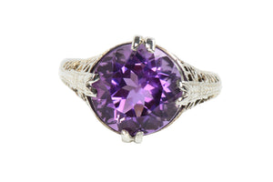 Vintage Round Amethyst 18k White Gold Ring