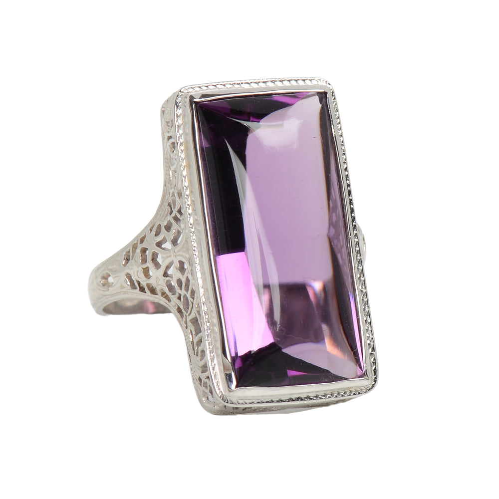 Buff Top Natural Amethyst 14k White Gold Vintage Ring