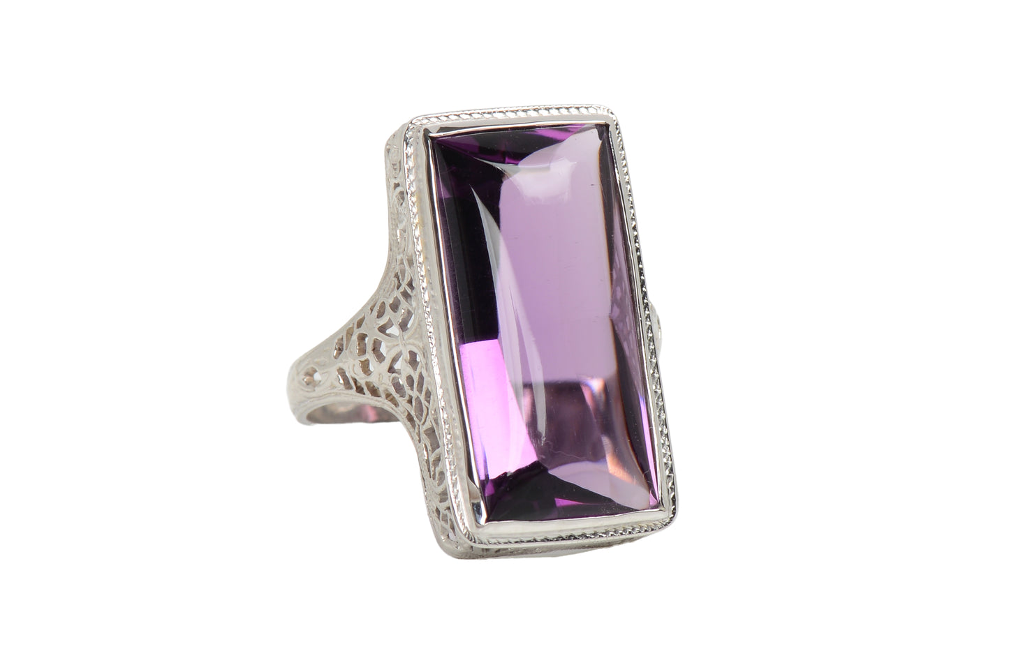 Buff Top Natural Amethyst 14k White Gold Vintage Ring