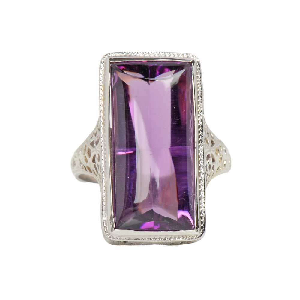 Buff Top Natural Amethyst 14k White Gold Vintage Ring