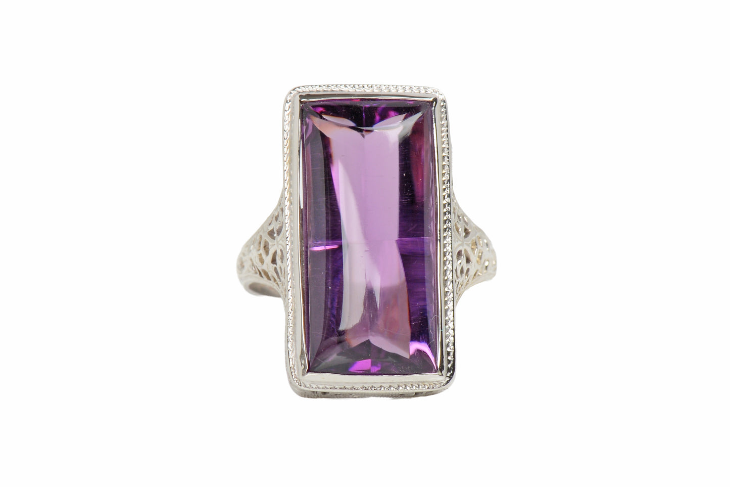Buff Top Natural Amethyst 14k White Gold Vintage Ring