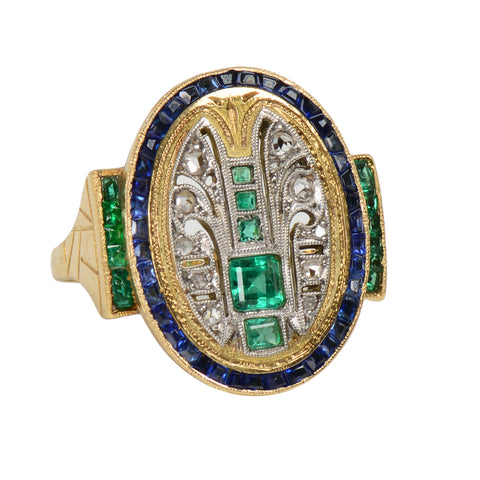 Art Deco Handmade Emerald Sapphire Ring