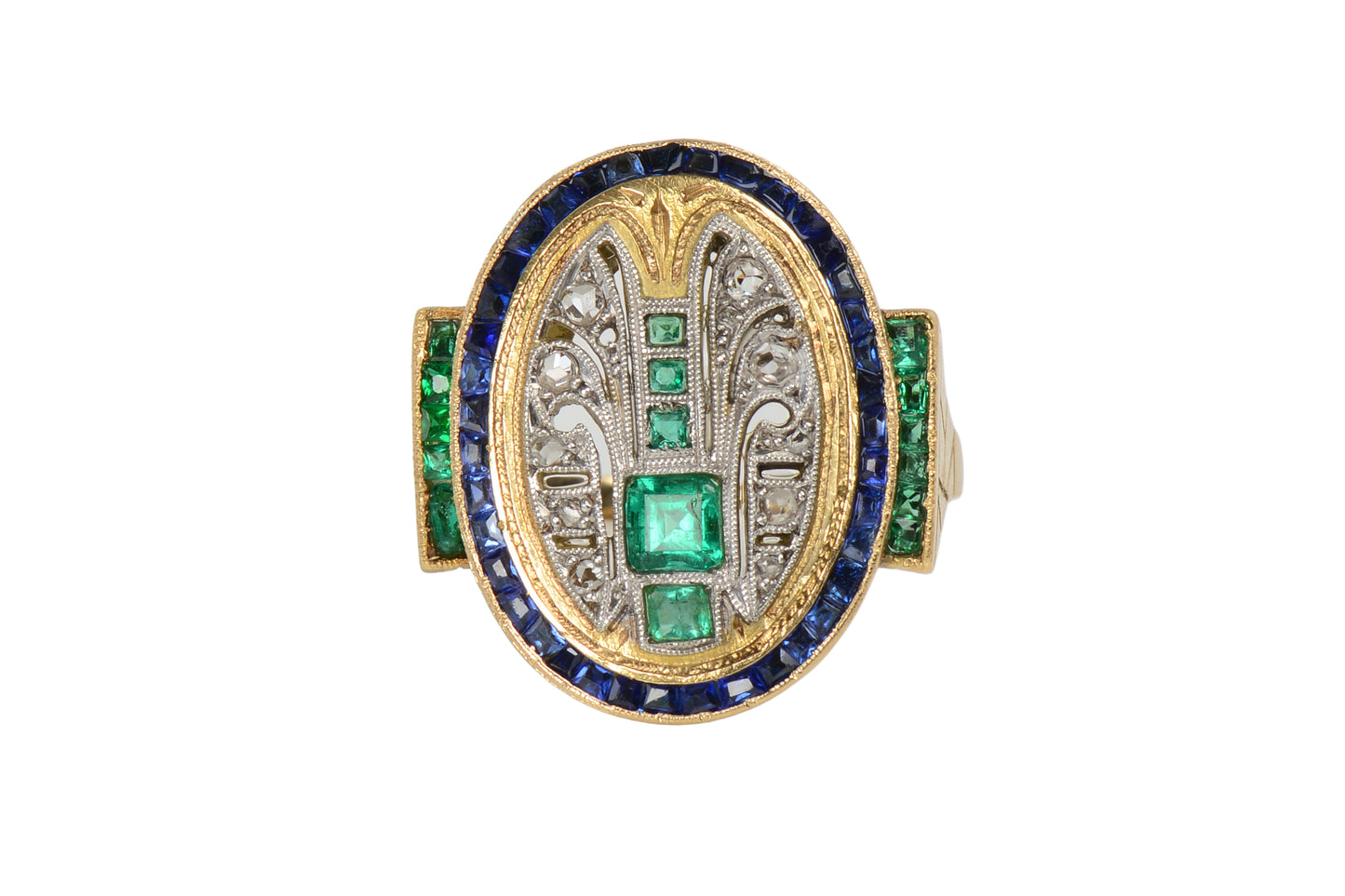 Art Deco Handmade Emerald Sapphire Ring