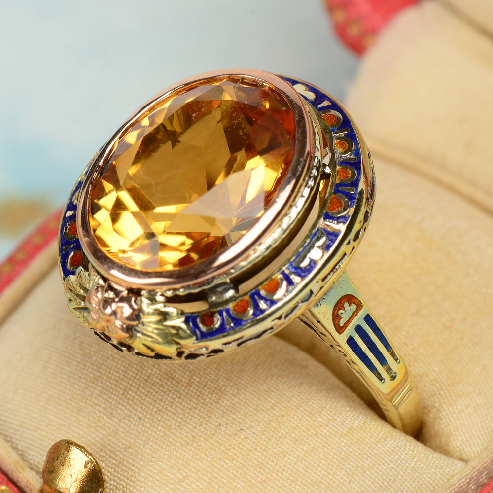 
                      
                        Honey Kissed Citrine Art Deco Enamel Ring
                      
                    